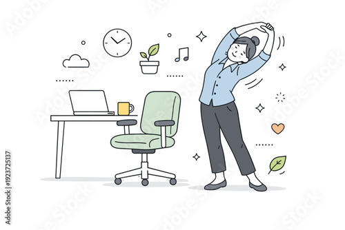 Healthy break at work. Professional taking a short break, stretching or relaxing away from the desk. Mindfulness, stress relief, gentle