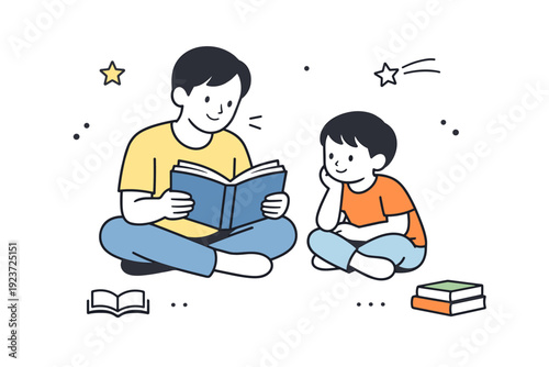 Family reading time. An adult reading a book aloud while a child listens closely, quiet shared attention. The scene feels warm, calm, and