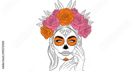 Day of the dead woman with sugar skull art and floral headdress in line art style