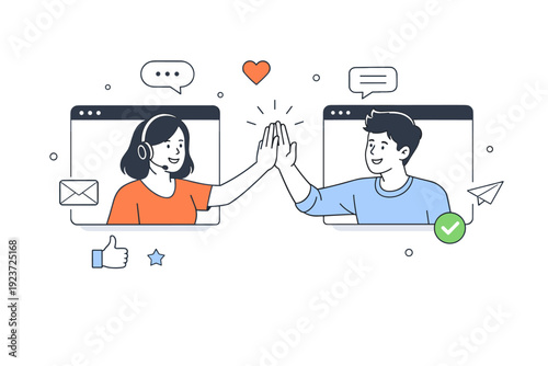 High five remote team. Team members giving a virtual high five through video call screens, symbolizing connection at a distance. Dialog
