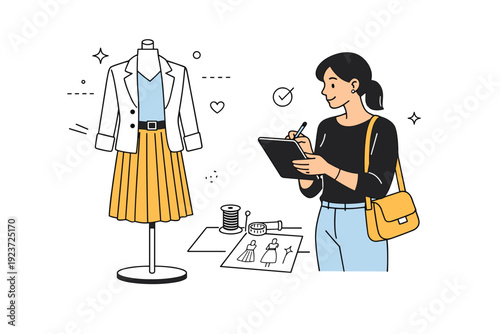 Fashion design process. A designer reviewing a finished outfit on a mannequin, making final notes on a tablet. The mood conveys evaluation,
