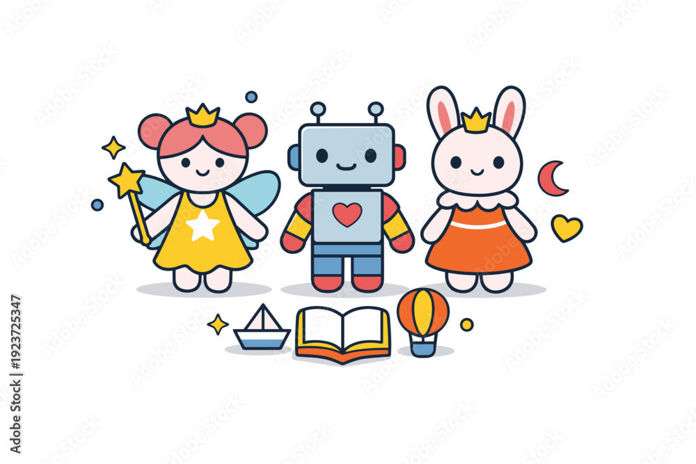 Fototapeta premium Doll collection minimalist dolls displayed as symbolic figures with soft patterns, communicating imagination, playfulness and artistic design. A modern