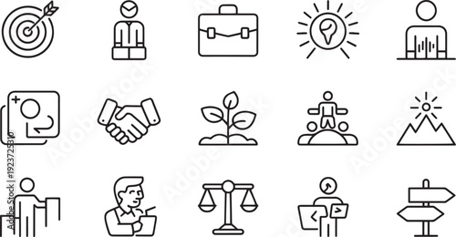 Collection of flat design minimalist icons representing various everyday concepts and activities