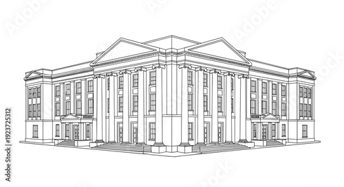 Elegant classical building with columns in linear outline style