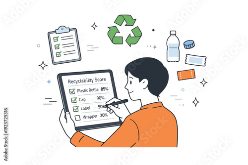 Recyclability scoring. A person filling a checklist or app with recyclability scores for each part, small icons for checklist, recycle, and