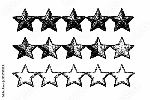 Gadget review star rating icon shown as full stars, half stars, and empty stars as a single object set. Black and white dot style with halftone texture and