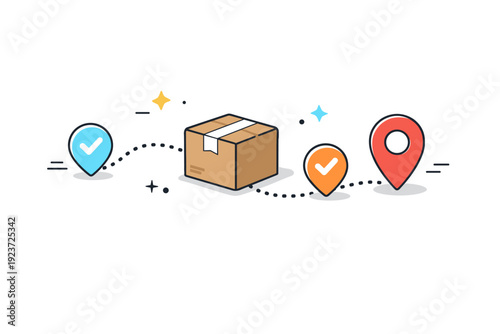 Package tracking. Editorial-style icon showing a parcel connected to a dotted route with checkpoints and a location pin, expressing