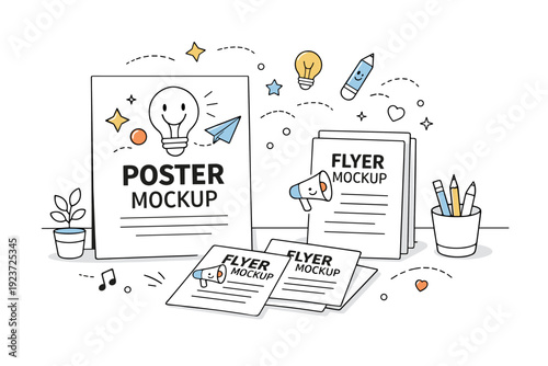 Poster and flyer mockup template. A tabletop scene with printed posters and flyers neatly arranged, abstract decorative elements floating above to suggest