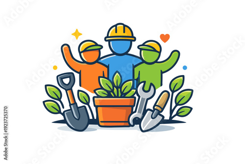 Workers celebration spring friendly community scene featuring simple tools arranged with blooming leaves, creating a visual metaphor of work,