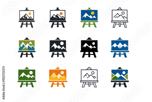 Painting on an outdoor easel. Icon set. Set Logo of Painting on an outdoor easel: canvas with mountain scene. harmonious logo variations of the same emblematic