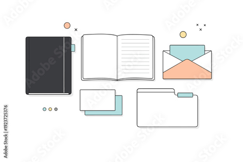 Minimalist Stationery Layout. Minimal stationery scene. Simple paper items like notebooks, cards, and folders aligned in a balanced flat lay composition. Clean