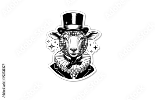 Funny Victorian sheep with Disco Ball Sticker Silhouette. Quirky Surreal Silliness and Humorous Character Design for Gen Z Aesthetic Vector.