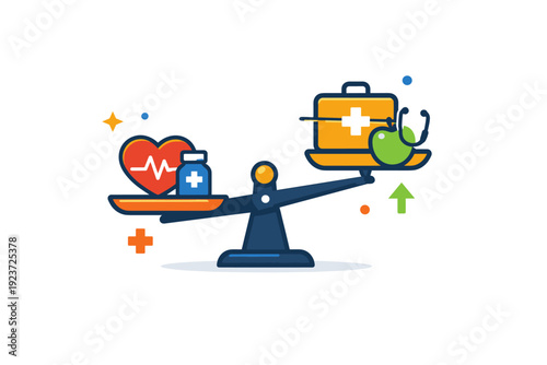 Health disparities abstract balance scale holding health symbols at different levels, symbolizing injustice, awareness and the call for