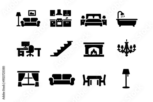 Estate Interior Icons. Estate Interior. Solid icon set of Estate Interior: living room, kitchen, bedroom, bathroom, home office, staircase,