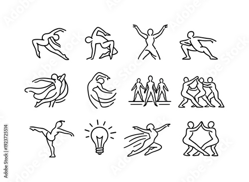 Contemporary Dance Group. Line outline icon set of Contemporary Dance Group: fluid movement,