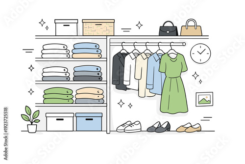 Minimalist home organization systems. A wardrobe organization scene with neatly folded clothes and hanging garments by color, spacious layout