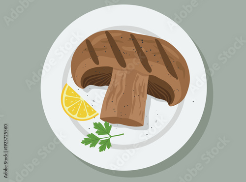 grilled portobello mushroom steak on a white plate, garnished with a fresh lemon wedge, parsley, and black pepper