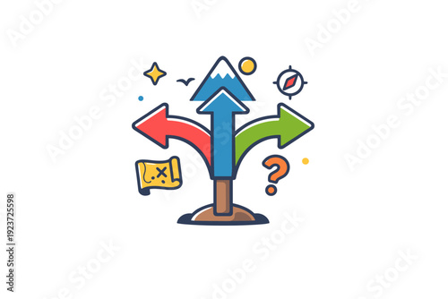 Adventure bold decision making portrayed through a crossroads symbol with directional arrows, reflecting choice, risk, and the thrill of the unknown.