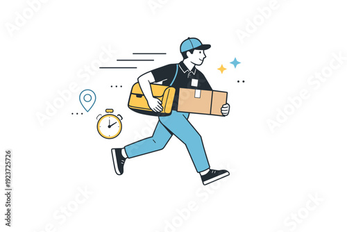 Courier service express delivery. A courier moving quickly with a package, light motion lines showing speed without stress. The mood stays