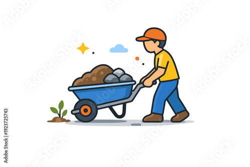 Outdoor labor scene highlighting simplicity and effort person pushing a wheelbarrow with natural materials like soil and stones, expressing
