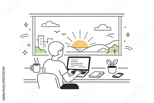 Workday starts at sunrise. Early morning work moment with laptop open and city or nature waking up outside. Calm motivation and quiet productivity before the