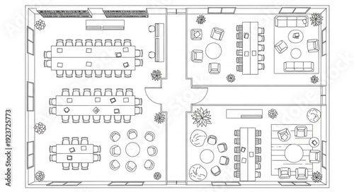 Detailed architectural floor plan showcasing restaurant layout with tables and seating arrangements.