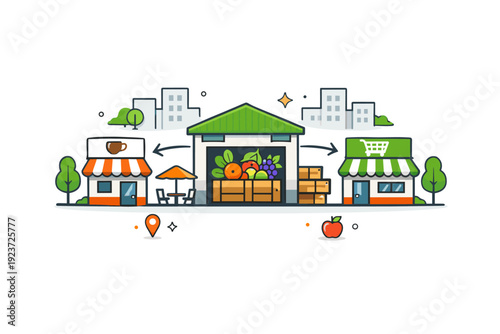 Urban local food hubs a city block with a central warehouse icon distributing fruits and vegetables to nearby cafes and grocery stores,