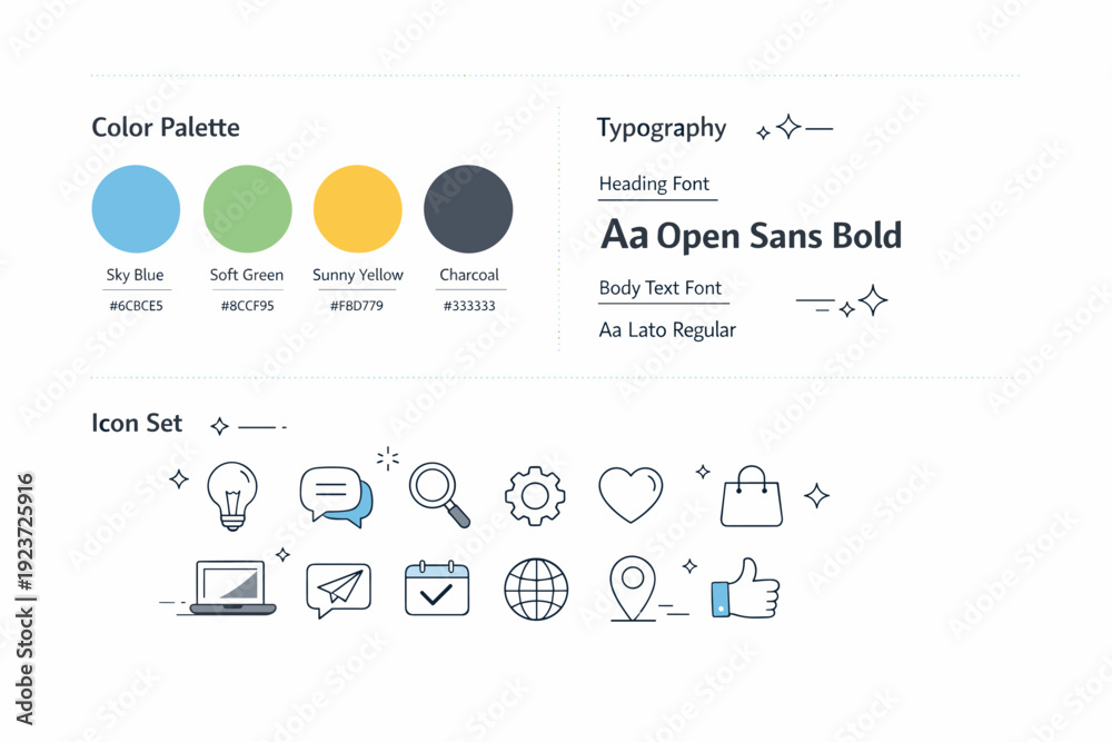 Fototapeta premium Branding elements. Clean brand guideline layout with color palette, typography samples, and icon set displayed together. Structured and professional visual