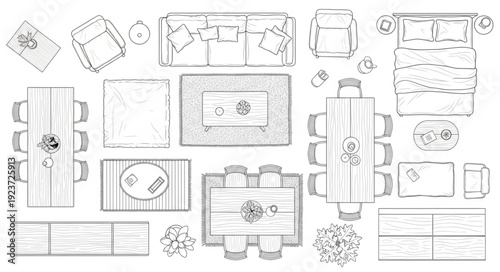 Detailed top-down view of various furniture pieces and decorative elements.