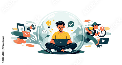 Focus time. Person inside a calm bubble, distractions pushed outward as blurred abstract