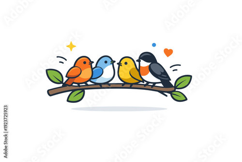 Birds a small group of birds perched on a branch with leaves and gentle motion lines, conveying freedom, harmony, and connection with nature. Minimalist flat