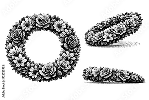 Floral botanical wreath composed of layered petals and foliage shown in front view, oblique three-quarter view, and shallow side angle as one object set. Black