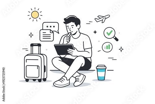 Remote consulting during summer travel. Consultant reviewing documents on a tablet with a suitcase and coffee cup nearby. Thoughtful analysis