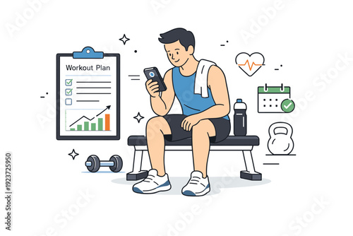 Gym workout lifestyle. A person checking a simple workout plan or progress on a phone. Mindful tracking, consistency, and realistic fitness goals. Minimalist