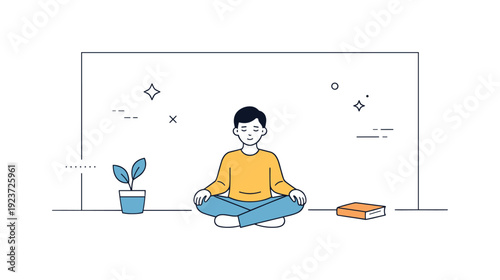 Person meditating in lotus position with a plant and book, minimalist line art style