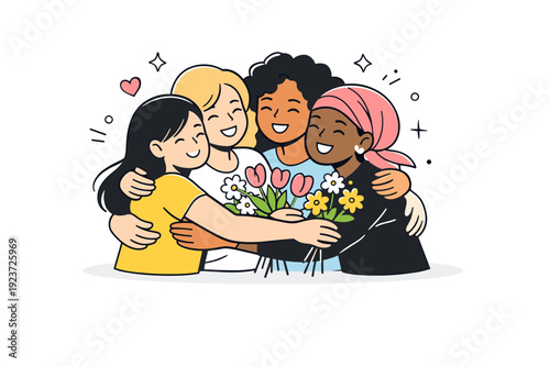 Women hugging with flowers. A small group of women share a group hug, flowers visible among their arms. Collective joy and support, calm