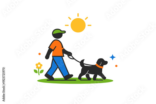 Spring dog walk simple human and dog silhouettes walking together under a minimal sun shape, reflecting connection, routine and wellbeing. A