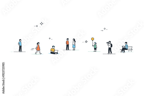 People seen from distance. Several tiny figures are placed far apart in a wide composition, surrounded by air and negative space. The mood feels