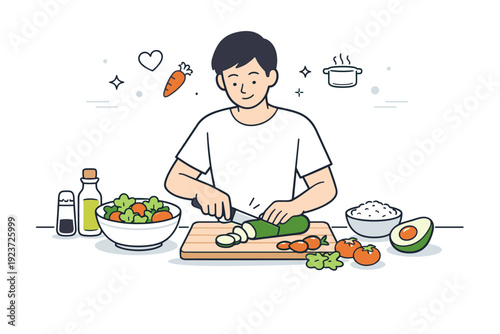 Healthy meal preparation. A person calmly chopping fresh vegetables on a clean kitchen counter. Focused cooking moment, balance and care shown through simple