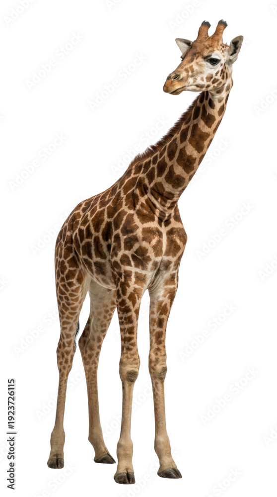 Obraz premium Young giraffe standing with long neck and brown spotted coat, isolated on white background