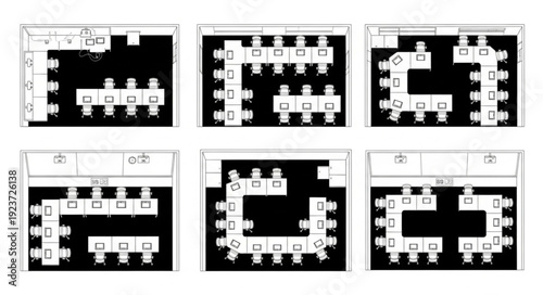Conference room layouts showcasing various seating arrangements for meetings and events.