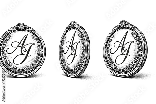 Wedding monogram emblem with intertwined initials inside a circular frame shown from front view, side view, and three-quarter view as a single object set with