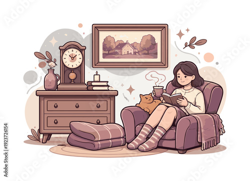 Old-fashioned charm. Antique clock, framed art, and soft textiles creating a warm indoor