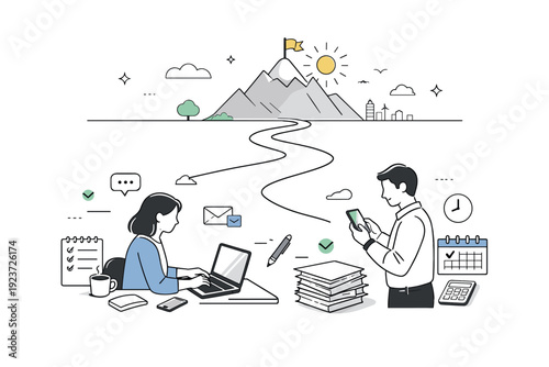 Long-term thinking. A contrast scene showing small present-day tasks in the foreground and a clear, well-defined goal on the horizon. Emphasis on perspective