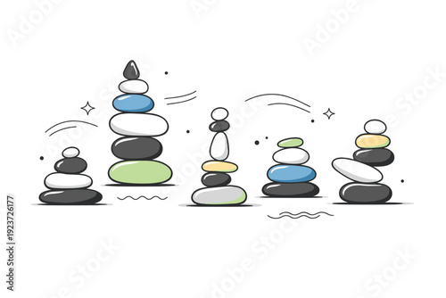 Rock balancing art. Several stone stacks of different heights arranged like a quiet installation. Peaceful rhythm and visual balance, with