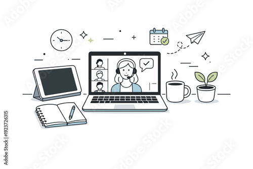 New hire remote setup moment. Home desk with notebook, tablet, and open laptop ready for onboarding call. Calm morning atmosphere and fresh