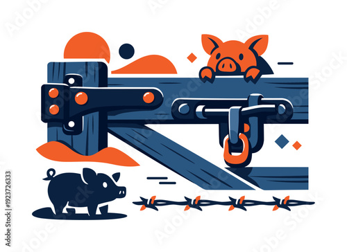 Wooden farm gate. Close-up of a pigsty gate hinge and latch, rough textures simplified into