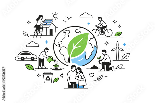 Optimistic Climate Action Design. Climate action campaign design. A large leaf or planet symbol at the center with people taking small positive actions around