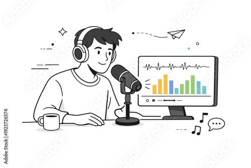 Streaming content creation moment. A person speaking into a microphone while monitoring sound levels on a screen. The feeling is focused,