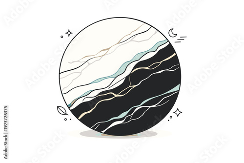 Natural stone macro textures. Polished marble detail shown as a rounded panel, smooth veins flowing quietly across the surface, serene and